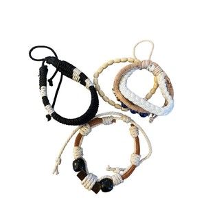 3 Pull String Bracelets Natural Bead and Woven Brown White Black